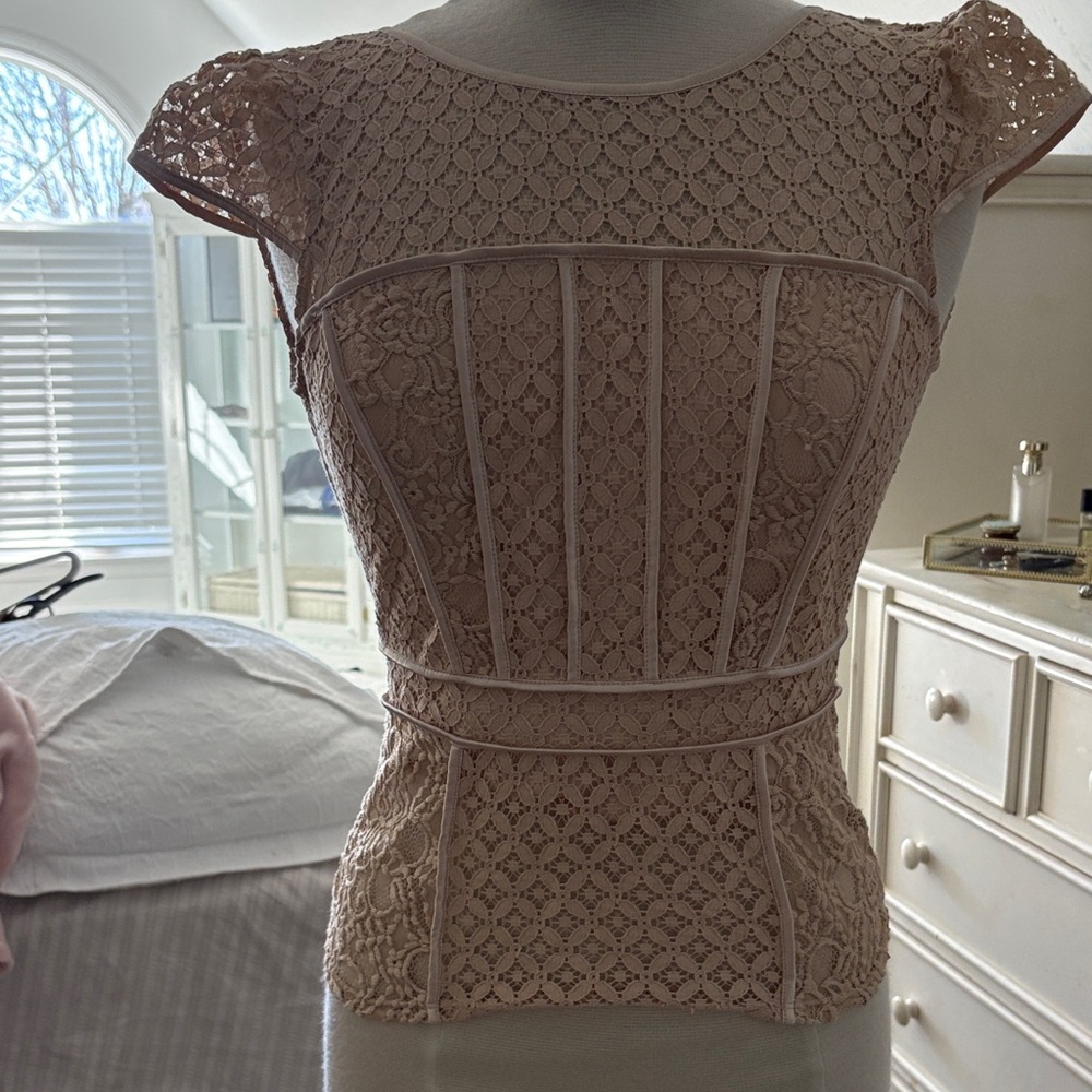 bebe Blush Lace Cap-Sleeve Peplum Top
